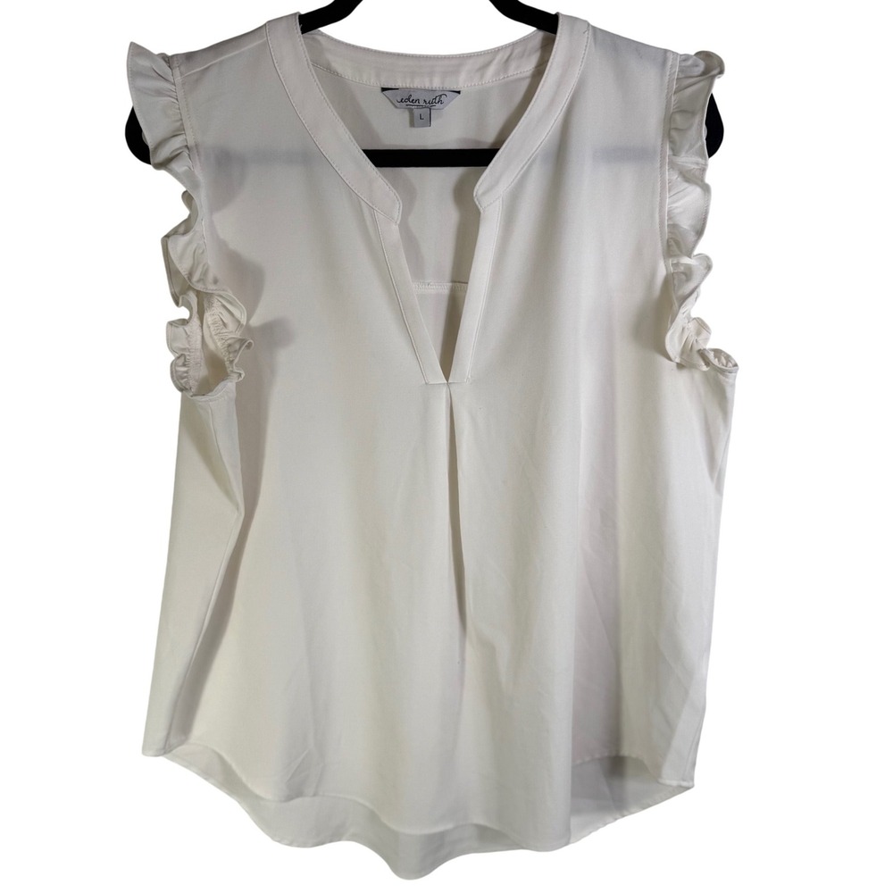 Eden Ruth Ivory Ruffle Sleeve V-Neck Blouse Sleeveless Pleated Top Large